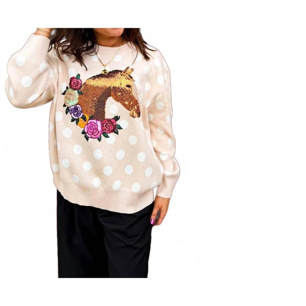 NEW QUEEN OF SPARKLES polka dot horse & rose wreath sweater in pink - Picture 5 of 9